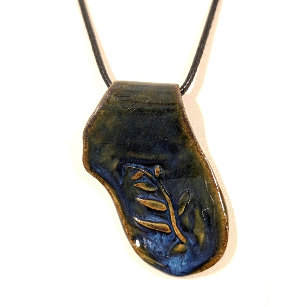 Artisan Signed Blue Green Ceramic Leaf Pendant Necklace 22 in Boho Festival